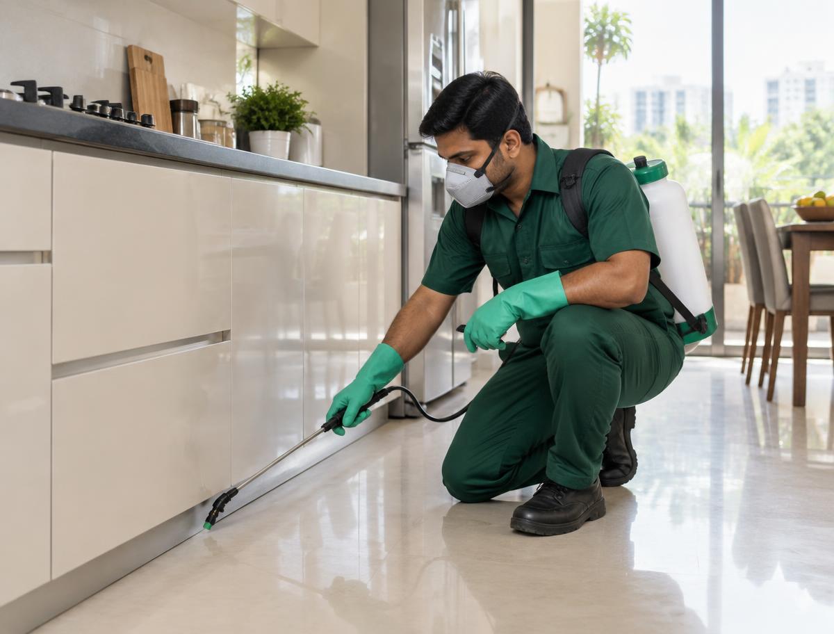 Asian Pest Control technician treating a Vadodara kitchen